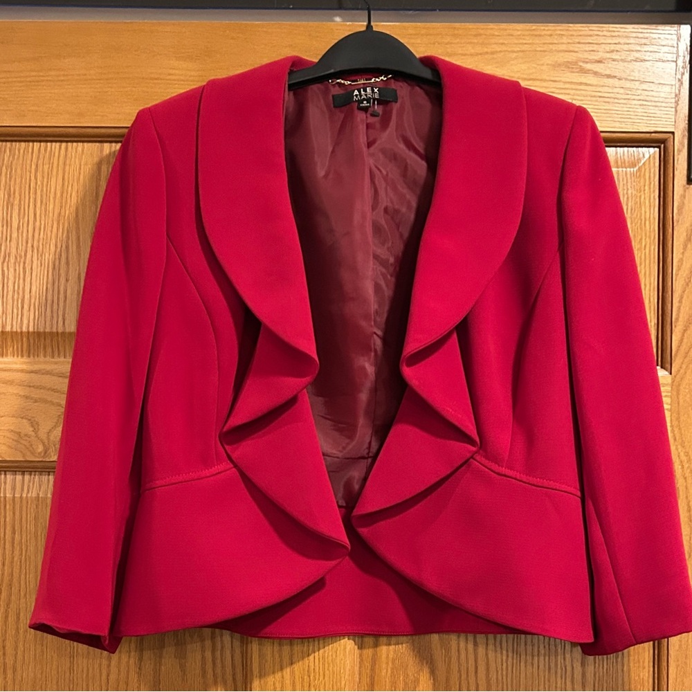 Alex Marie Women's Garnet Red Ruffled Open Front Blazer Size 6